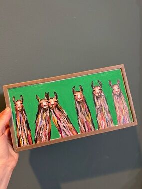 Eli Halpin “Six Lively Llamas - Tribal” Framed Canvas Art 10x5”